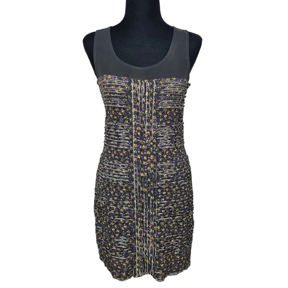 Free People Floral Bodycon Dress Sz Small Black Mini Y2K 00s Textured Grungecore - Picture 2 of 16